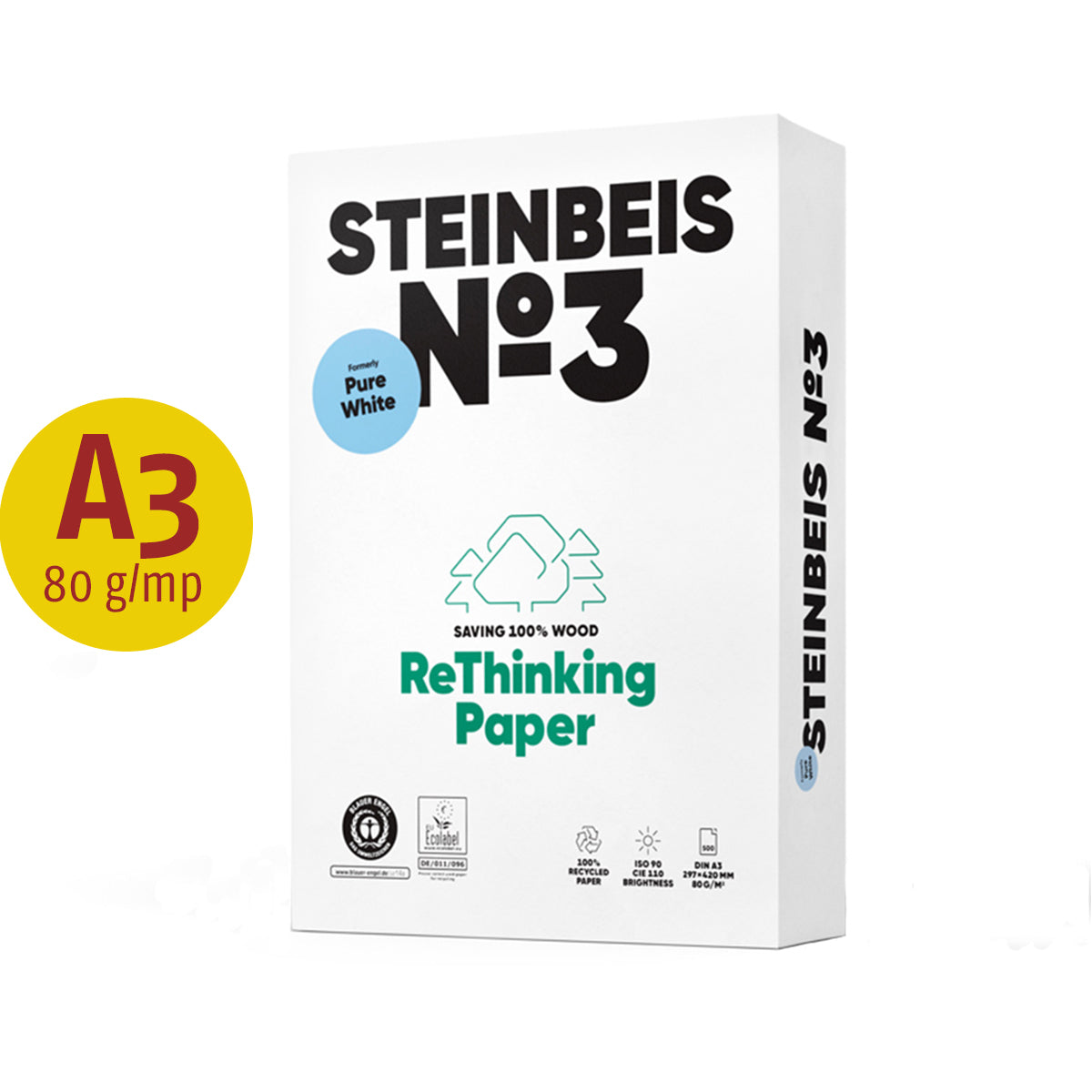 Hartie copiator reciclata, Steinbeis NO 3 Pure White, A3, 80 g/mp, 500 coli/top Hartie copiator reciclata, Steinbeis NO 3 Pure White, A3, 80 g/mp, 500 coli/top